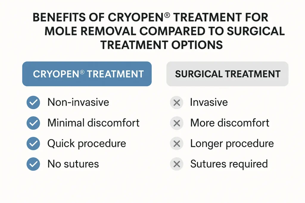 Table to show the benefits of getting moles removed Clifton from LA LIPO