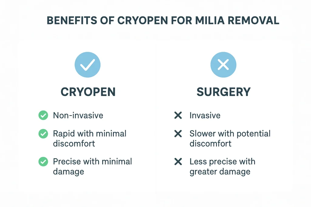 Benefits of cryopen for milia removal Clifton compared to surgical treatments.