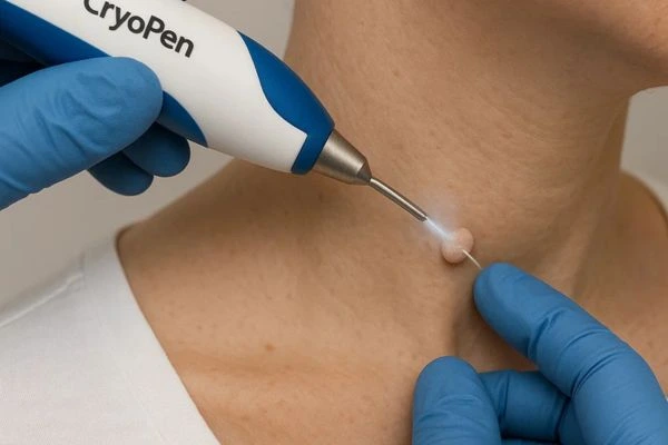Person receiving cryotherapy Clifton for skin tag removal