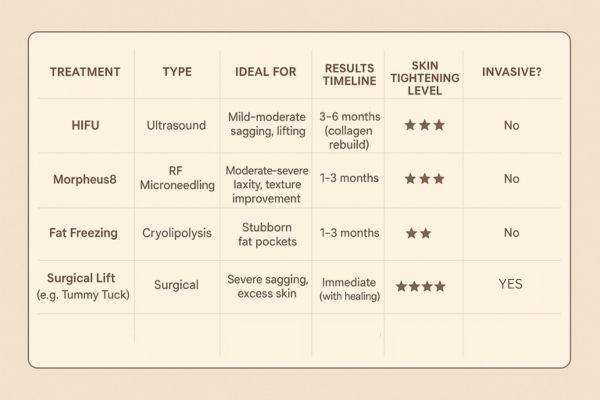 Table showing the comparisons of Skin tightening Clifton treatment options.